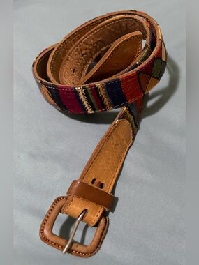 Brown Leather Guatemala Hand Made Woven Vtg Threaded Size 44 Adjustable Belt